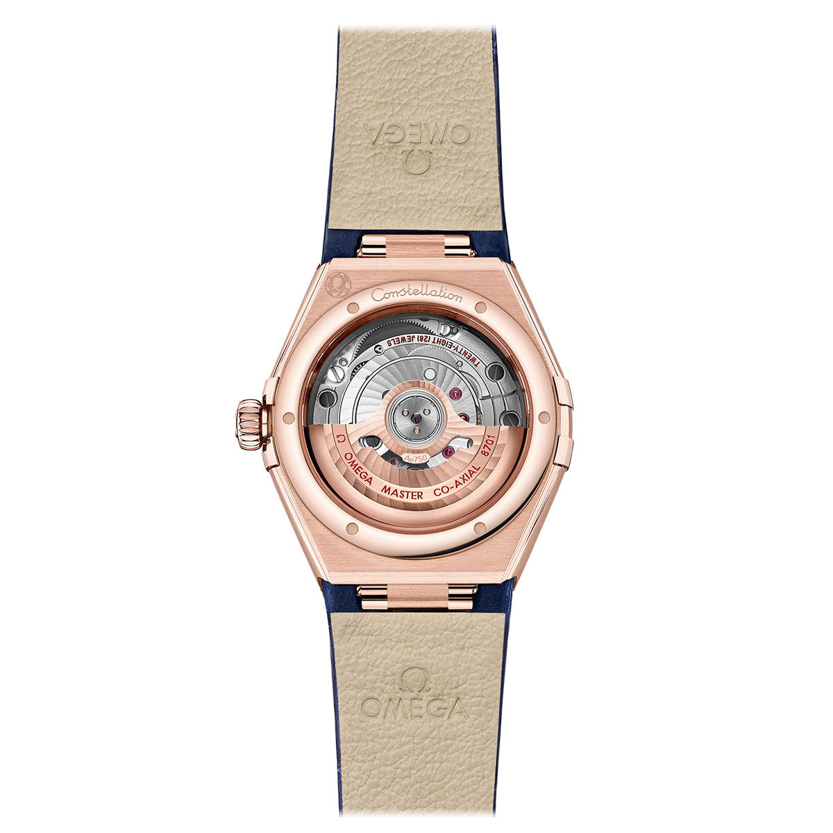 The OMEGA Constellation Co-Axial Master Chronometer 29mm Watch, expertly crafted by OMEGA in Sedna gold, features a stunning rose gold frame and a light-colored leather strap. Its visible mechanical movement on the back reveals intricate gears that exude sophistication and luxury.