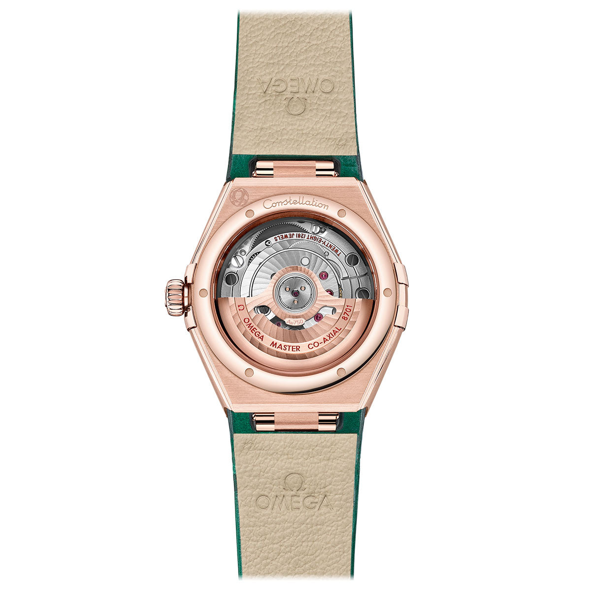 The OMEGA Constellation Co-Axial Master Chronometer 29mm Watch boasts a transparent back cover that showcases the exquisite Co-Axial Master Chronometer Calibre 8701 movement. The outer ring, made of refined Sedna™ gold with engraved labels, perfectly complements its beige and green leather strap attached to the rose gold casing.