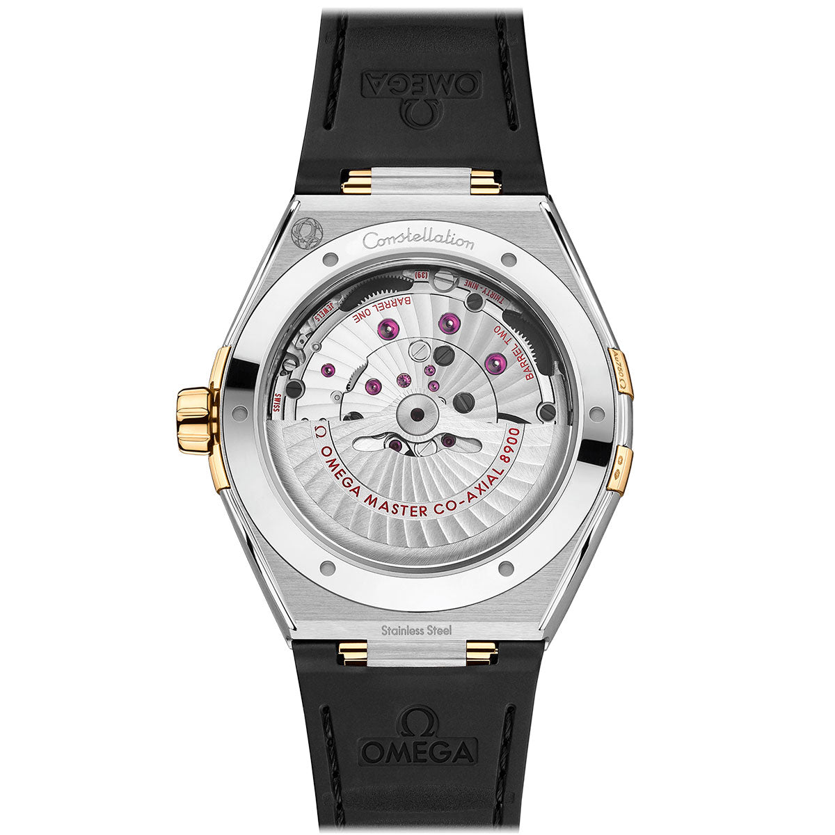 The image showcases the rear side of the OMEGA Constellation Co-Axial Master Chronometer 41mm Watch, featuring a transparent case that beautifully reveals its complex mechanical movement. The silver casing is adorned with 18K yellow gold, while the black strap, marked with Omega branding, complements its design. Engraved on the case is "Co-Axial Master Chronometer Calibre 8900.