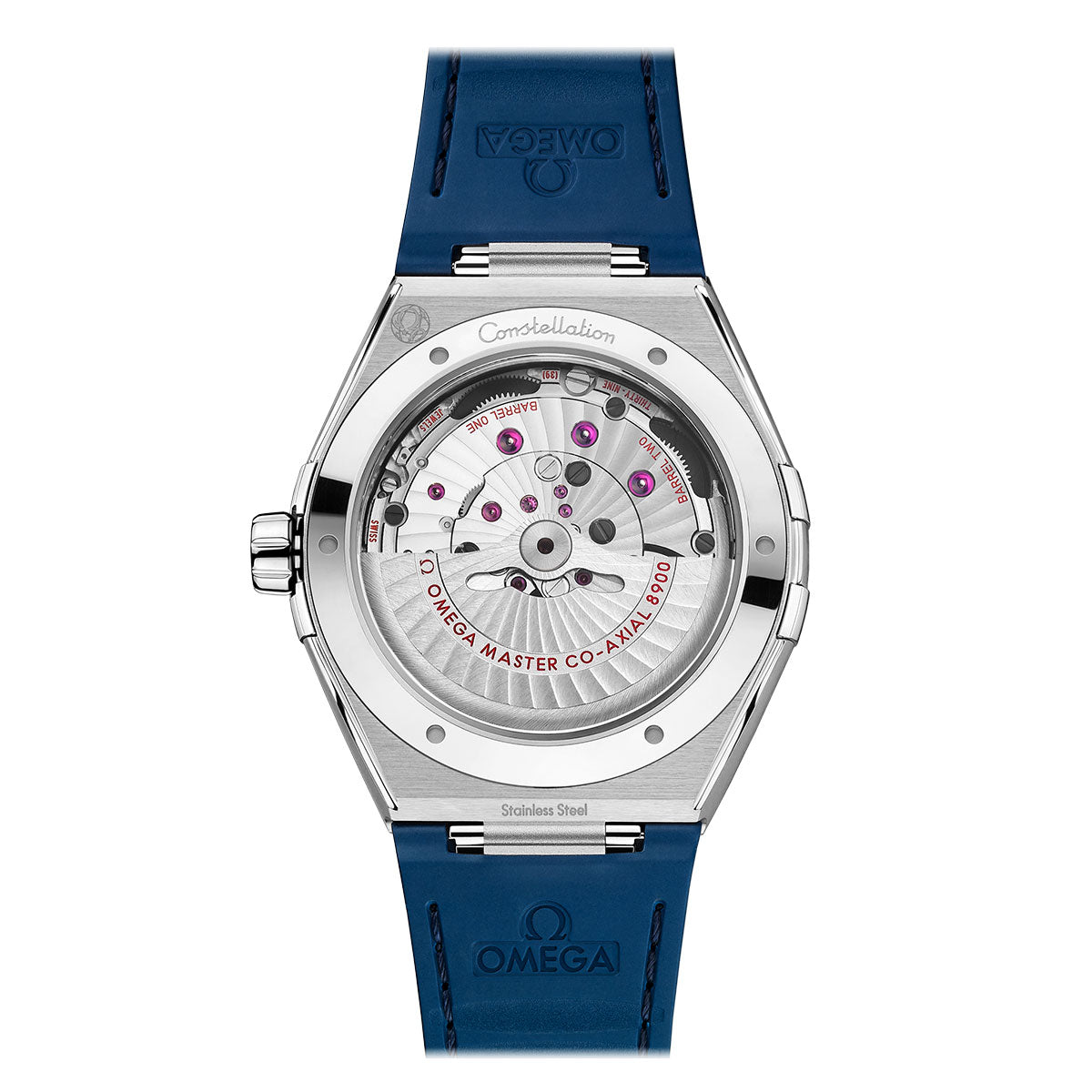 The image features the back of the OMEGA Constellation Co-Axial Master Chronometer 41mm Watch, highlighting its Calibre 8900 movement. It includes a blue leather strap and a stainless steel case, accented with visible red jewels and elaborate mechanical elements.