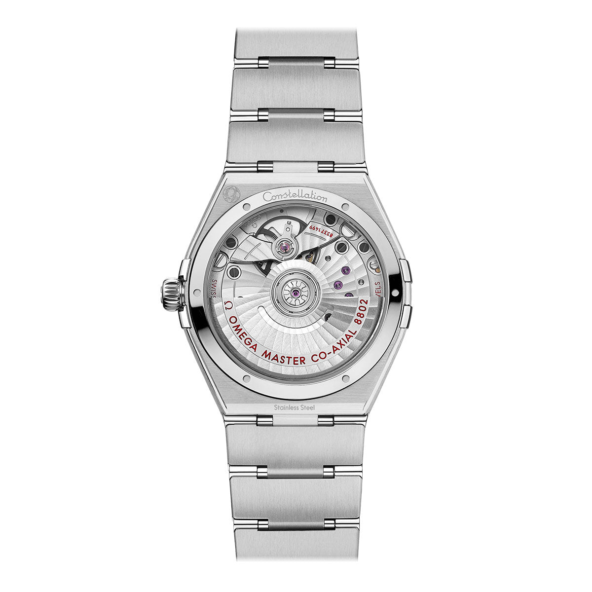 The OMEGA Constellation Co-Axial Master Chronometer Small Seconds 34mm Watch boasts an exposed back that reveals its intricate mechanical movement. It features a stainless steel bracelet and displays the model and specifications on the reverse side, representing refined precision as a Co-Axial Master Chronometer.