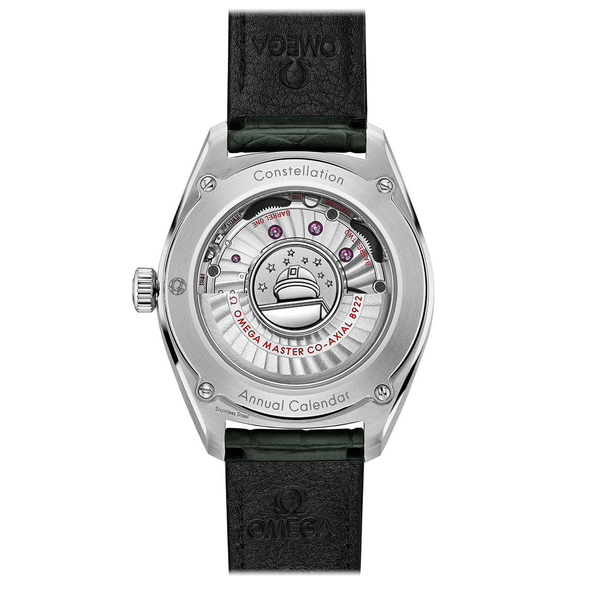 The image highlights the rear view of an OMEGA Constellation Globemaster Co-Axial Master Chronometer Annual Calendar 41mm Watch, exposing the detailed mechanical movement with its complex gears and rotor. The case back is inscribed with "Annual Calendar" and "Co-Axial Master Chronometer," paired beautifully with a black leather strap.
