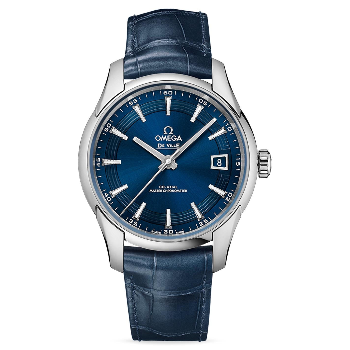 The OMEGA De Ville Hour Vision Co-axial Master Chronometer 41mm Watch showcases a blue dial complemented by a blue leather strap. It includes silver hour markers and a date window at the 3 o'clock position, with "Co-Axial Master Chronometer" elegantly displayed on the dial, highlighting its refined design.