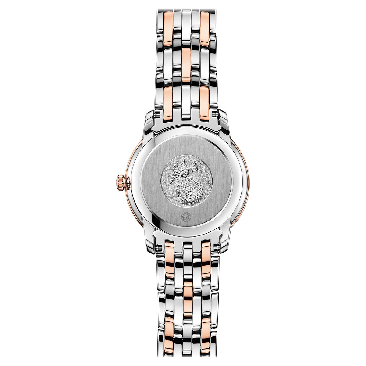 The OMEGA De Ville Prestige Quartz 27.4mm Watch is a luxurious timepiece featuring a metal link band in silver and rose gold, adorned with gold-plated Roman numerals. Its back showcases an intricate engraving of a globe and stars, while the crown is positioned on the right side of its elegant, oval-shaped case.