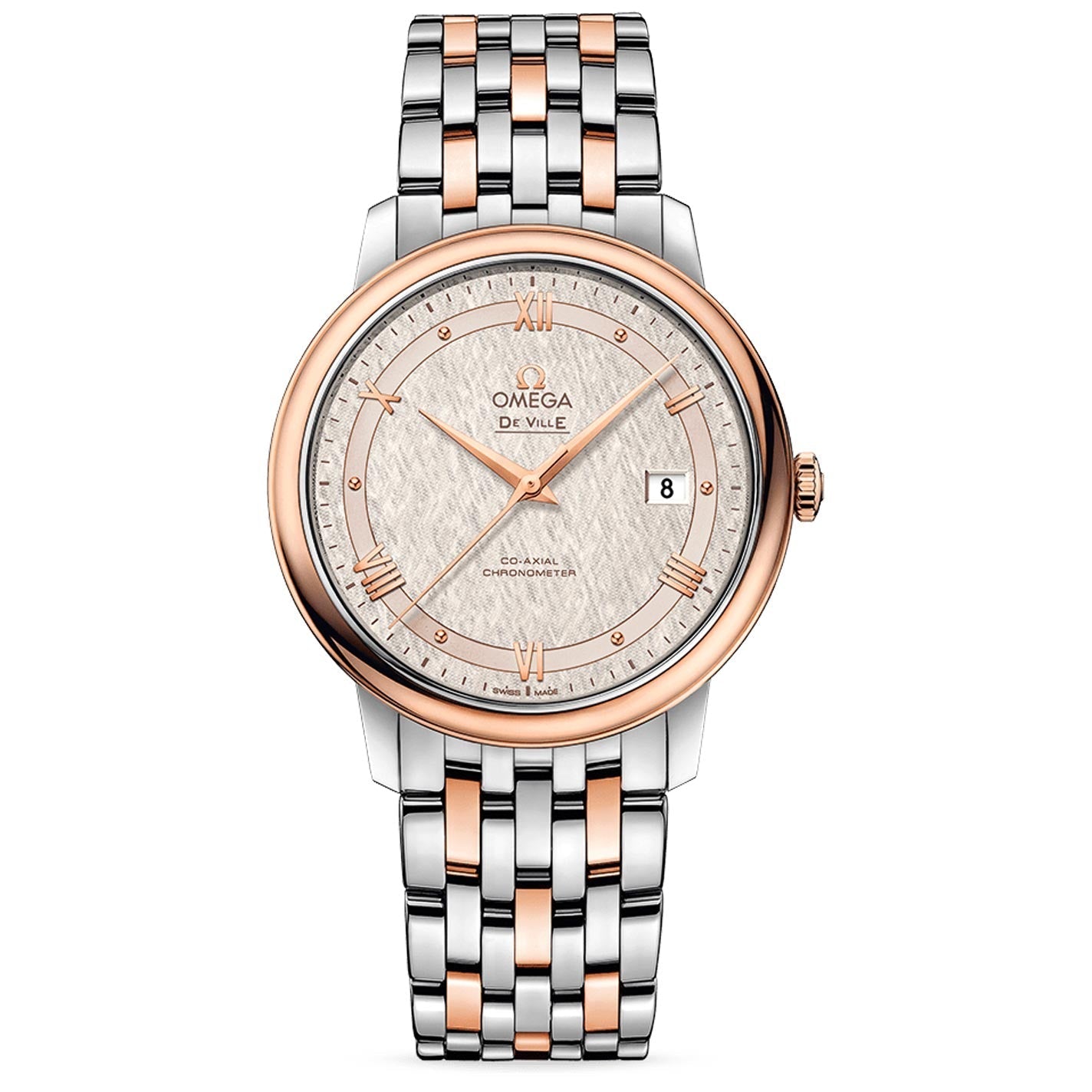 The OMEGA De Ville Prestige Co-Axial Chronometer 39.5mm Watch showcases a luxurious design with a silver and rose gold-tone bracelet. It features a round face adorned with a textured silver dial, Roman numerals, a rose gold bezel, and a date window positioned at 3 o'clock. This classic and elegant timepiece is driven by the Co-Axial Calibre 2500 movement.