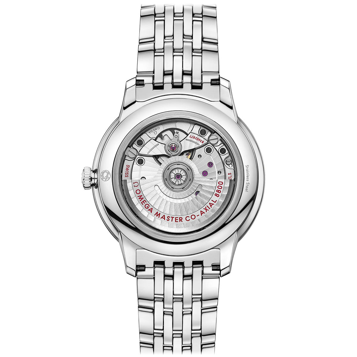 The image features the rear view of a silver wristwatch, possibly the OMEGA De Ville Prestige Co-Axial Master Chronometer 40mm Watch, with a transparent case revealing its detailed internal mechanical movement. This stainless steel timepiece is complemented by a metal bracelet and displays engraved text on the mechanism that reads "Master Co-Axial 8900.