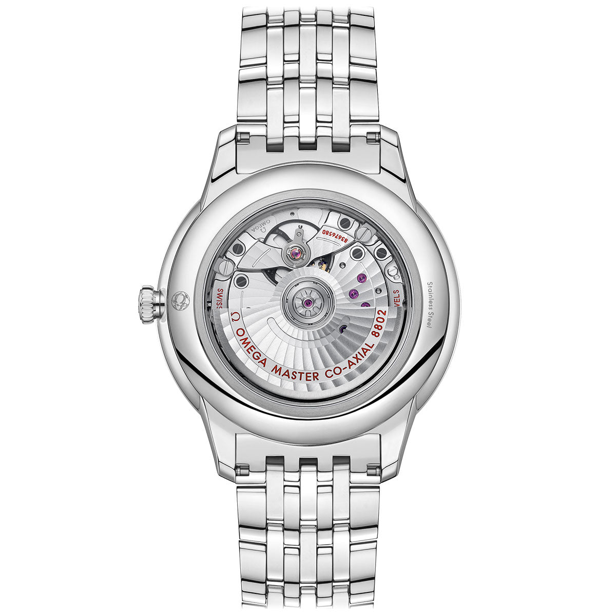 A silver stainless steel watch with an open back reveals its intricate mechanical movement. The inscription "Co-Axial Master Chronometer" highlights the exceptional craftsmanship of the OMEGA De Ville Prestige Co-Axial Master Chronometer Small Seconds 41mm Watch. This elegant timepiece is complemented by a stainless steel bracelet.