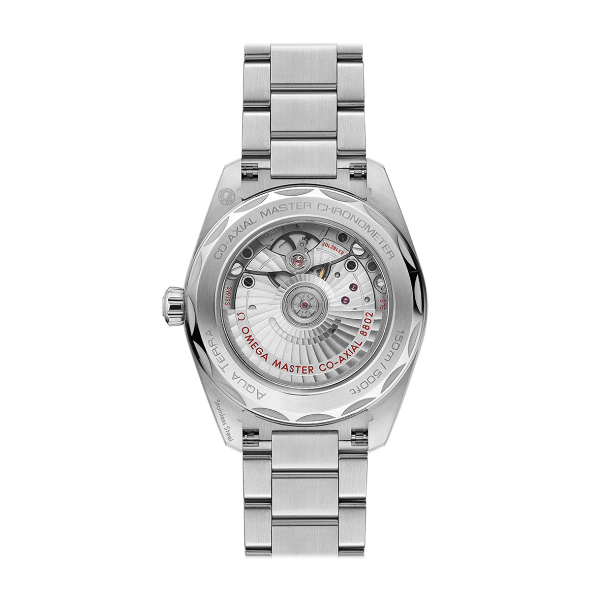 The image displays the back view of an OMEGA Seamaster Aqua Terra 150M Co-Axial Master Chronometer Small Seconds 38mm Watch, featuring a stainless steel case and a transparent case back that reveals the intricate Master Chronometer calibre 8802 movement. The words "Co-Axial Master" are elegantly engraved along the perimeter, complemented by a stylish metal link band.