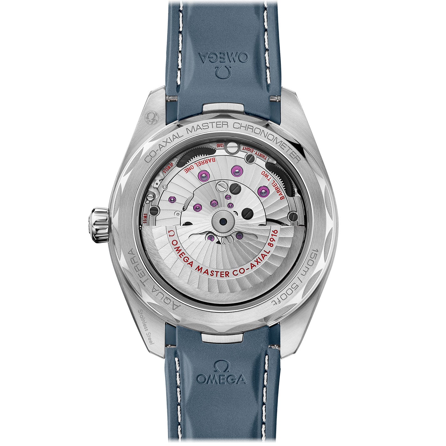 The image displays the back view of the OMEGA Seamaster Aqua Terra 150M Co-Axial Master Chronometer Small Seconds 41mm Watch, featuring a transparent sapphire crystal case back. This watch is equipped with a Co-Axial Master Chronometer movement, visible gears, and a blue leather strap enhanced with white stitching, embodying its maritime legacy.