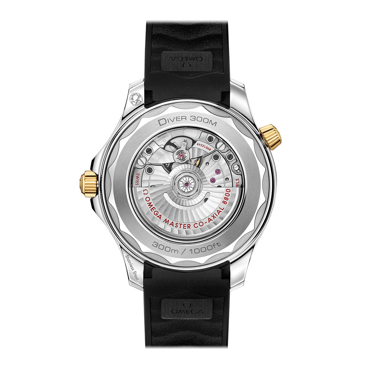 The image showcases the back of an OMEGA Seamaster Diver 300M Co-Axial Master Chronometer 42mm Watch. A transparent case reveals intricate mechanical movements, with the back etched with "Diver 300M" and water resistance up to 1000ft. Enhanced by a ceramic bezel, it features a black leather strap and gold accents.