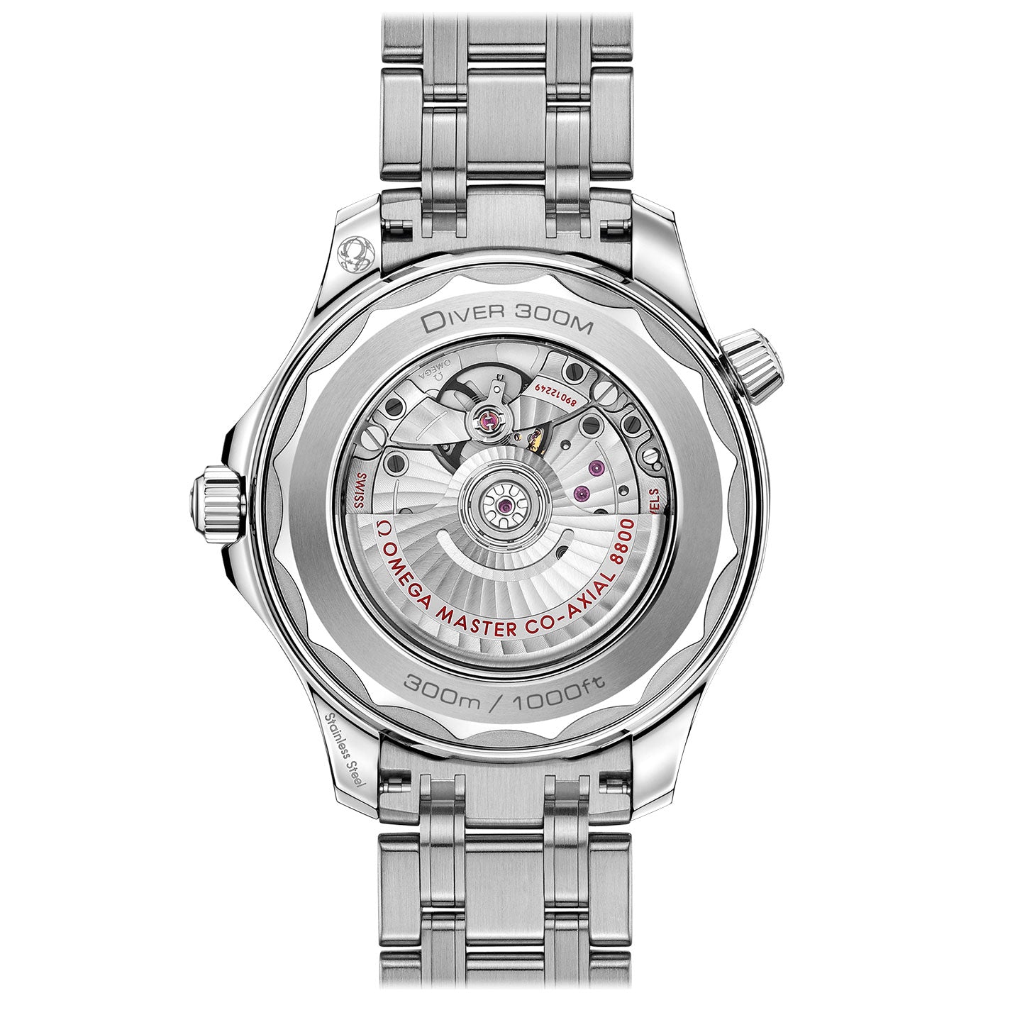 The image displays the rear view of the OMEGA Seamaster Diver 300M Co-Axial Master Chronometer 42mm Watch, elegantly crafted in stainless steel with a transparent case that reveals its intricate mechanical movement. Silver and red accents emphasize the text "Seamaster Professional Diver 300M" and "OMEGA Master Chronometer Calibre 8800.