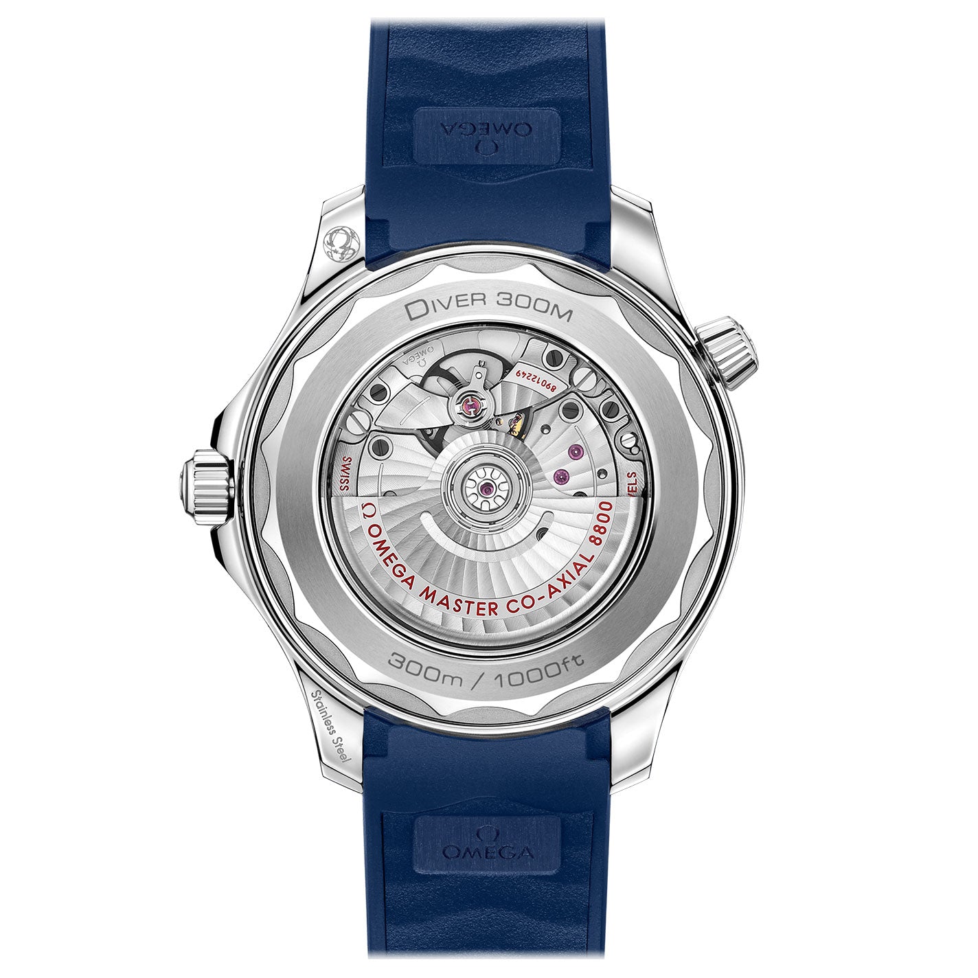 A detailed close-up of the back view of the luxurious OMEGA Seamaster Diver 300M Co-Axial Master Chronometer 42mm showcases its intricate mechanical components and branding details with a blue strap and blue ceramic bezel, featuring inscriptions such as "DIVER 300M," "300m / 1000ft," and "Omega Master Co-Axial 8800.