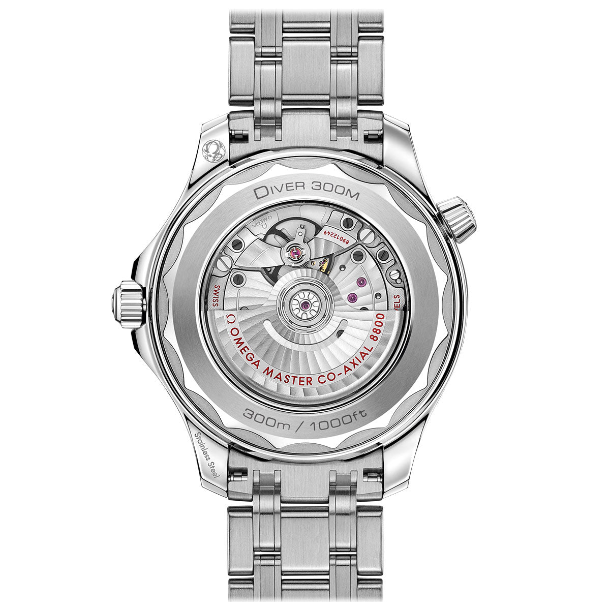 The image features the back view of an OMEGA Seamaster Diver 300M Co-Axial Master Chronometer 42mm watch, complete with a stainless steel bracelet. The transparent caseback offers a glimpse of the intricate mechanical components of the Omega Master Co-Axial 8800 movement, accentuated by its ceramic bezel and rated for 300m/1000ft water resistance.