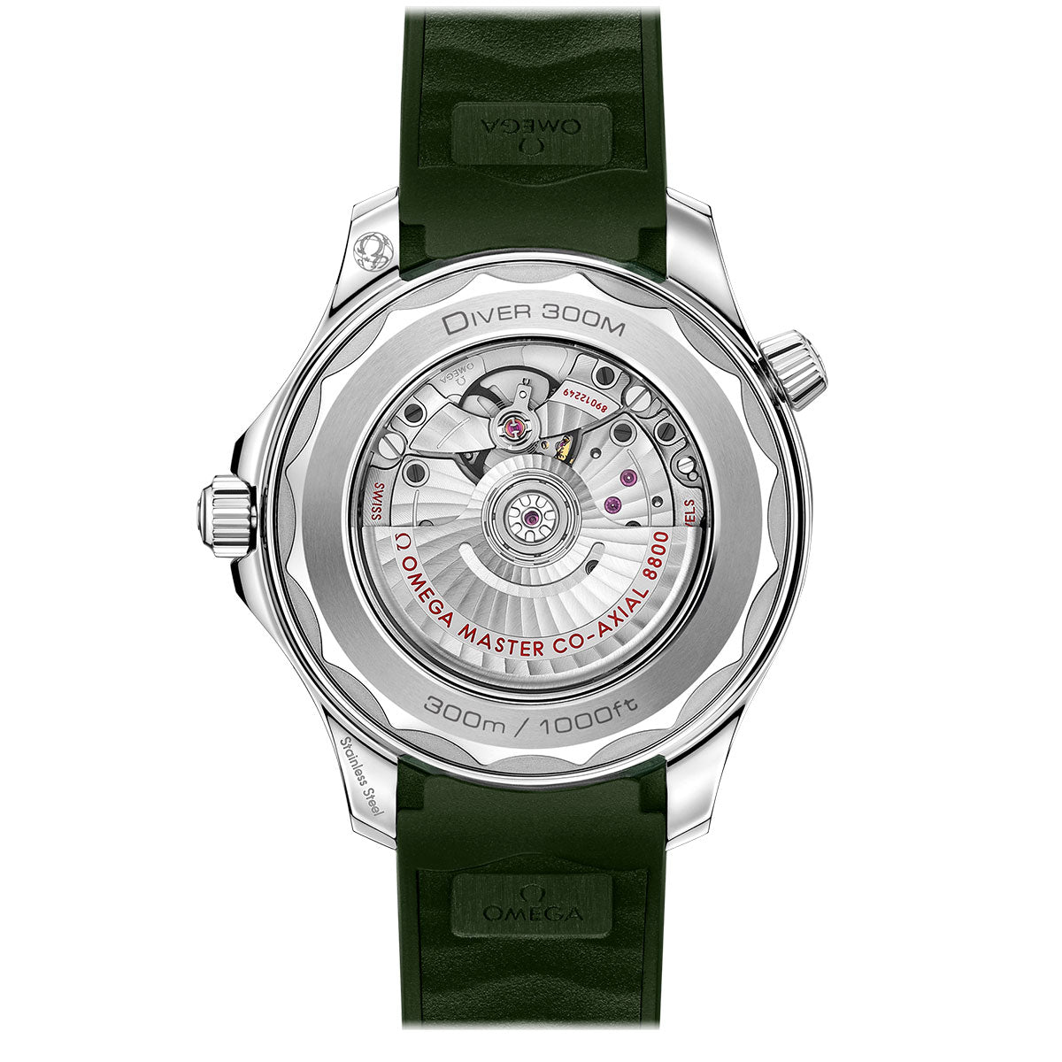 The image highlights the rear view of an OMEGA Seamaster Diver 300M Co-Axial Master Chronometer 42mm Watch, featuring a transparent case that unveils its detailed mechanical workings. This luxury timepiece includes a ceramic bezel and is adorned with a green leather strap, showcasing unparalleled elegance and precision craftsmanship.