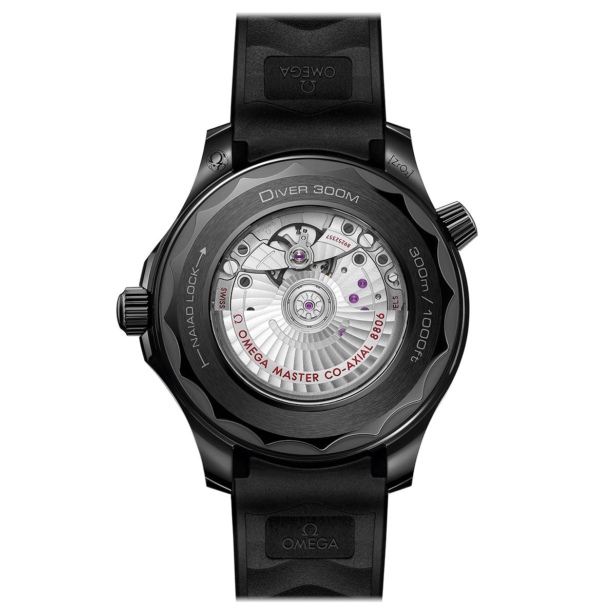 The image displays the rear view of the OMEGA Seamaster Diver 300M Co-Axial Master Chronometer 43.5mm Watch Black Black. It highlights the detailed Co-Axial Master Chronometer Calibre 8806 movement. With its elegant black ceramic case and matching strap, the watch showcases its remarkable open mechanical mechanism, inscribed with “Omega Master Co-Axial 8806.”