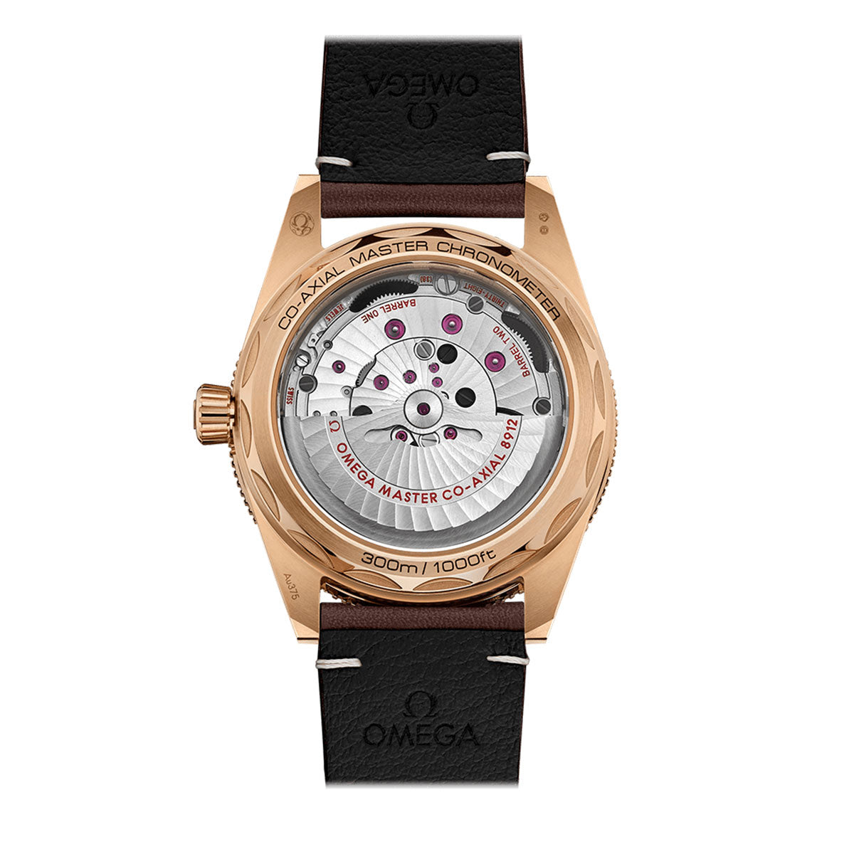 The image displays the reverse side of the OMEGA Seamaster 300 Co-Axial Master Chronometer 41mm Watch, highlighting a see-through case that unveils its detailed mechanics. The case is inscribed with "Co-Axial Master Chronometer" and is water-resistant up to 300 meters or 1000 feet. It features a black leather strap and incorporates Super-LumiNova accents for enhanced visibility.