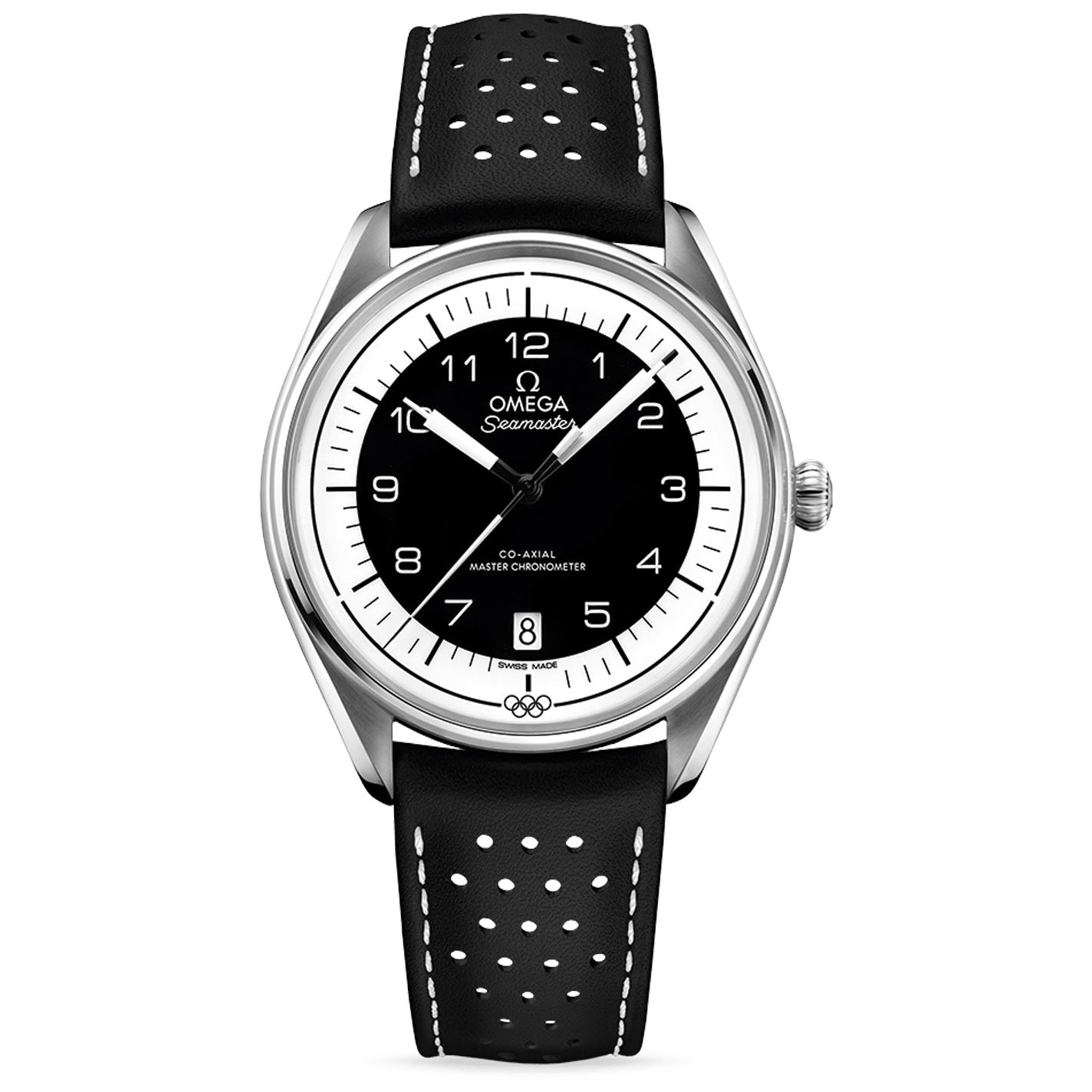 The OMEGA Seamaster Olympic Official Timekeeper Co-Axial Master Chronometer 39.5mm Watch showcases a stylish black and white dial with luminous hands and hour markers. It includes a stainless steel case and is powered by the Master Chronometer calibre 8800. The watch also features a black leather strap adorned with white stitching, perforations, and the OMEGA logo positioned beneath the 12 o'clock mark.