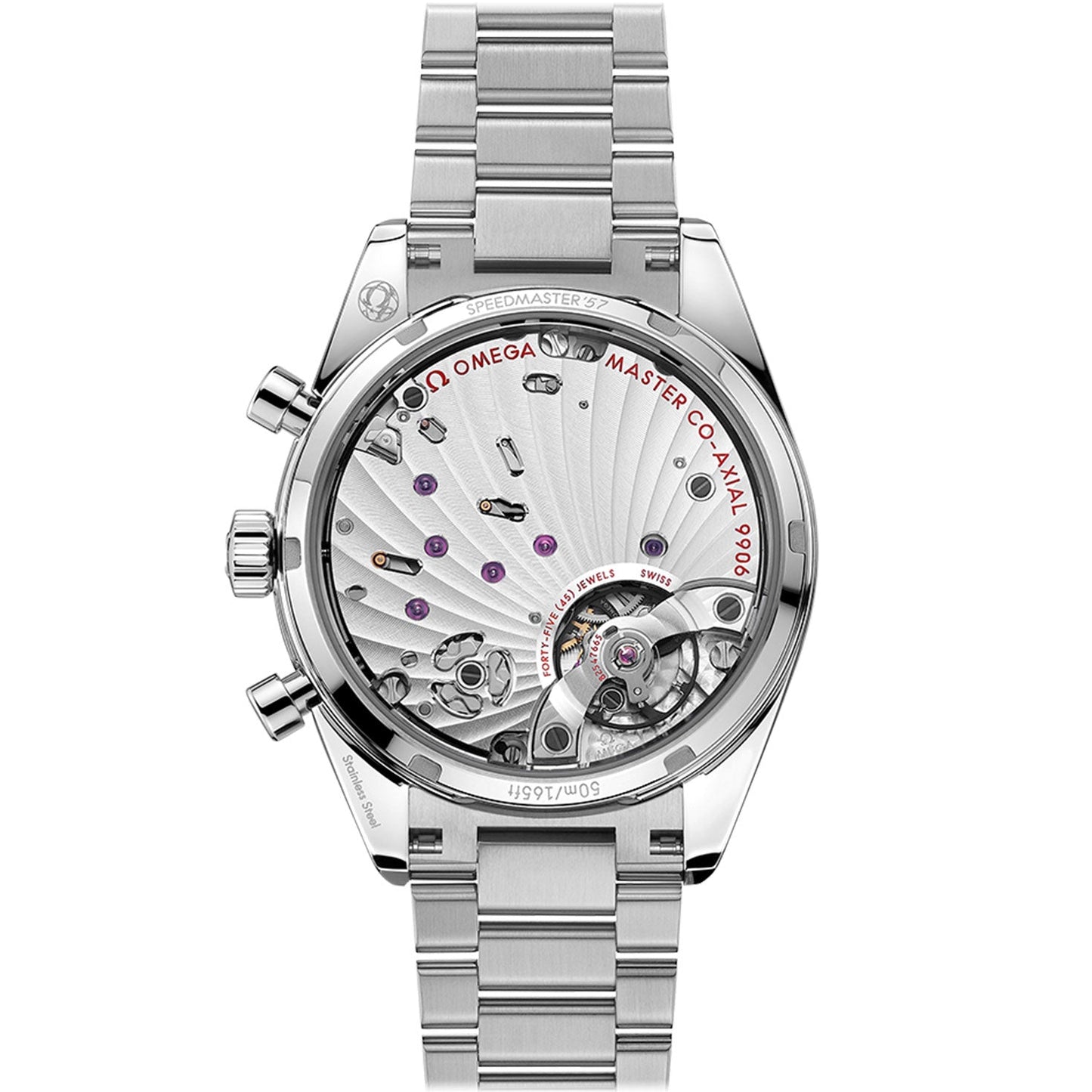 The image features the back view of an OMEGA Speedmaster 57 Co-Axial Master Chronometer Chronograph 40.5mm Watch, complete with a stainless steel bracelet. Its intricate mechanical movement is visible through a transparent case back, accentuating the Co-Axial design and precision as a chronometer from OMEGA.