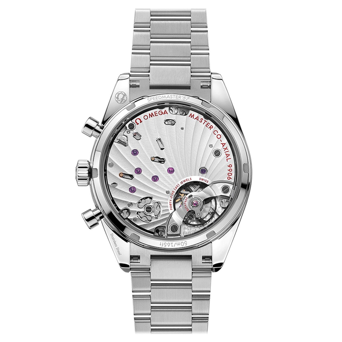 A close-up of the back of the OMEGA Speedmaster 57 Co-Axial Master Chronometer Chronograph 40.5mm Watch, highlighting its intricate mechanical movement. The watch is equipped with a stainless steel bracelet and has visible engravings, including "Master Co-Axial 9908.