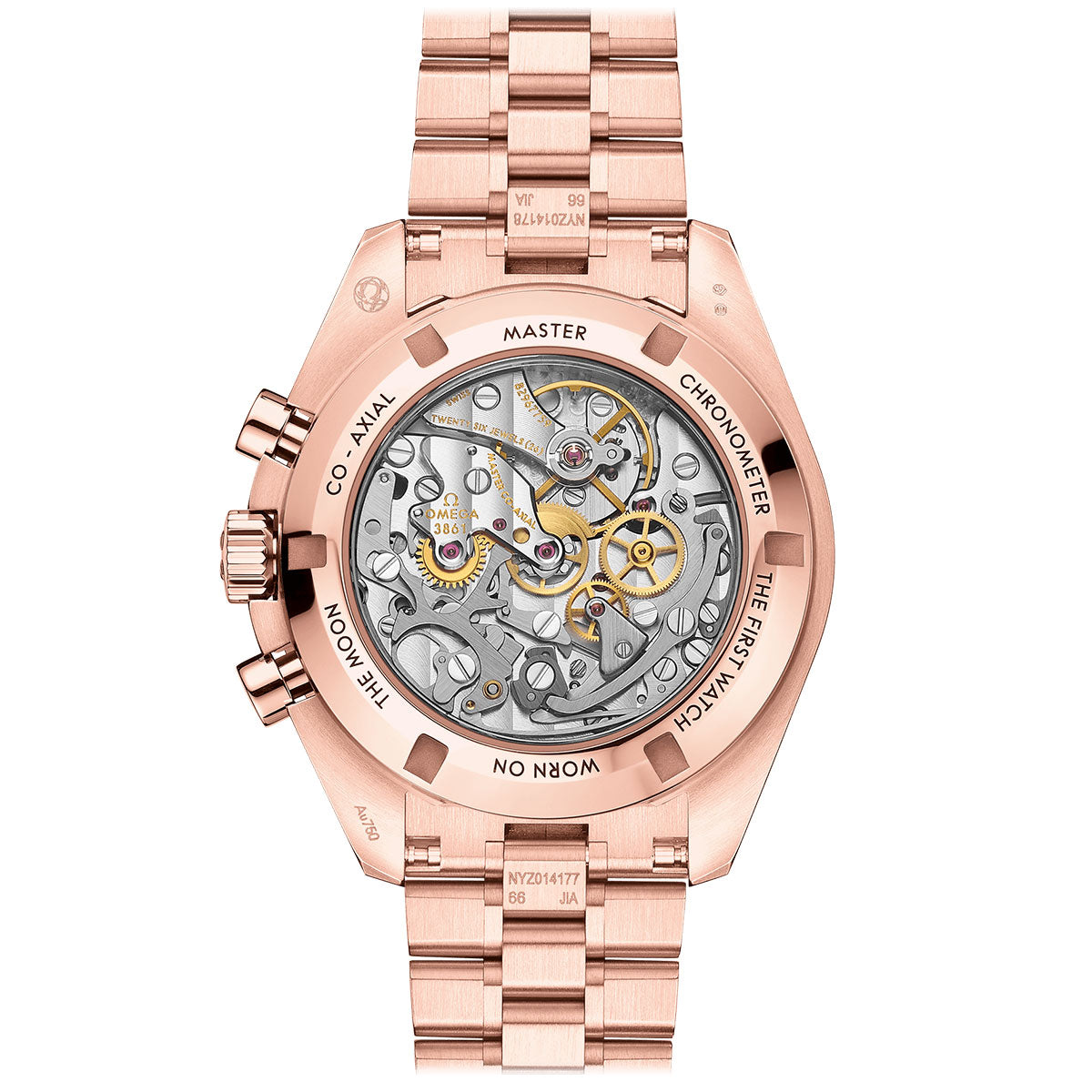 The OMEGA Speedmaster Moonwatch Professional Co-Axial Master Chronometer Chronograph 42mm Watch is a rose gold luxury timepiece, crafted in 18K Sedna™ gold, featuring an open back that showcases the intricate mechanics of the OMEGA Co-Axial Master Chronometer Calibre 3861. The back is engraved with details such as "Master Chronometer" and "Co-Axial," reflecting its rich Speedmaster Moonwatch legacy.