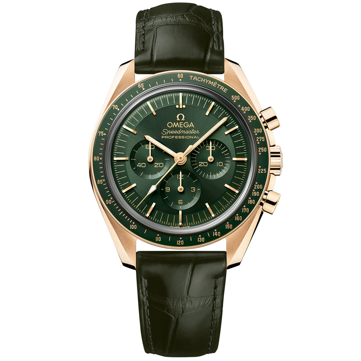 This luxurious OMEGA Speedmaster Moonwatch Professional Co-Axial Master Chronometer Chronograph 42mm Watch features a captivating green dial and gold casing, complete with an accurate chronograph and tachymetric scale. With its elegant green leather strap, it prominently displays "OMEGA Speedmaster Professional" on the face.