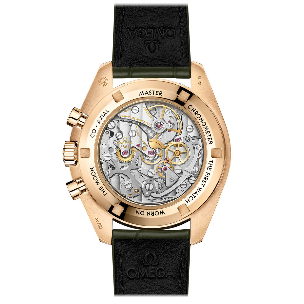 The image displays the reverse side of the OMEGA Speedmaster Moonwatch Professional Co-Axial Master Chronometer Chronograph 42mm, featuring a transparent case that unveils its complex mechanical movement. Encased in gold-tone and paired with a black leather strap, this captivating timepiece is ornamented with engravings such as "Master Chronometer" and "The First Watch Worn on the Moon.