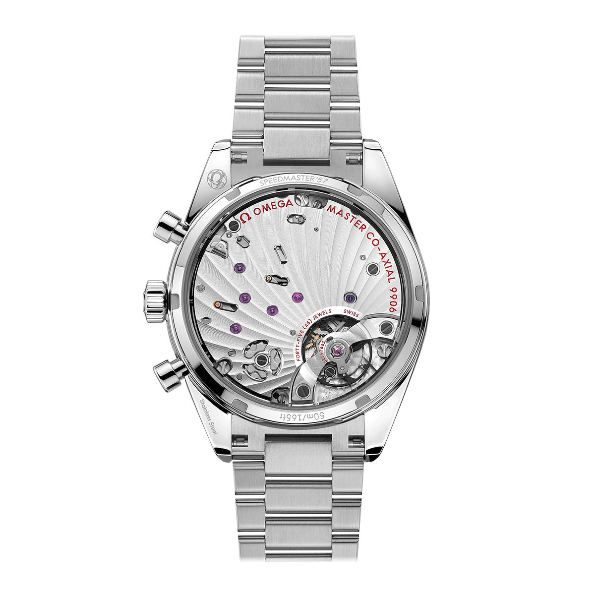 The OMEGA Speedmaster 57 Co-Axial Master Chronometer Chronograph 40.5mm Watch elegantly displays its complex mechanical movement through a transparent case, which highlights the visible gears and components. Its metal bracelet further enhances the sophistication of this luxury timepiece, featuring the text "Omega Master Co-Axial 9900" to epitomize precision and timeless design.