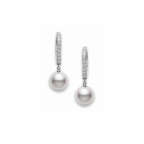 The Mikimoto Classic Elegance 18K White Gold Diamonds with Akoya Cultured Pearl Leverback Drop Earrings showcase a sophisticated design, including dazzling diamond-studded hoops and hanging Akoya cultured pearls against a plain white background.