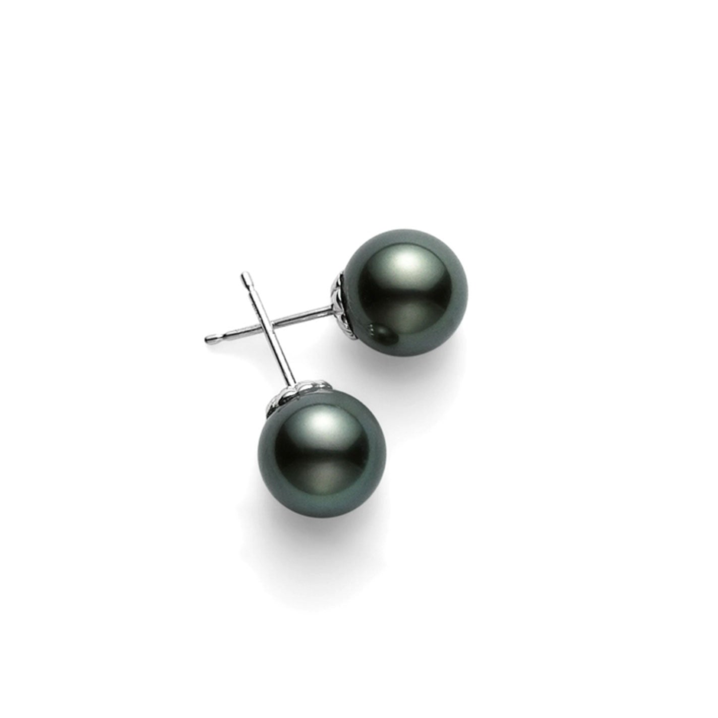 A pair of Mikimoto 18K white gold black South Sea pearl stud earrings, featured against a plain white background.