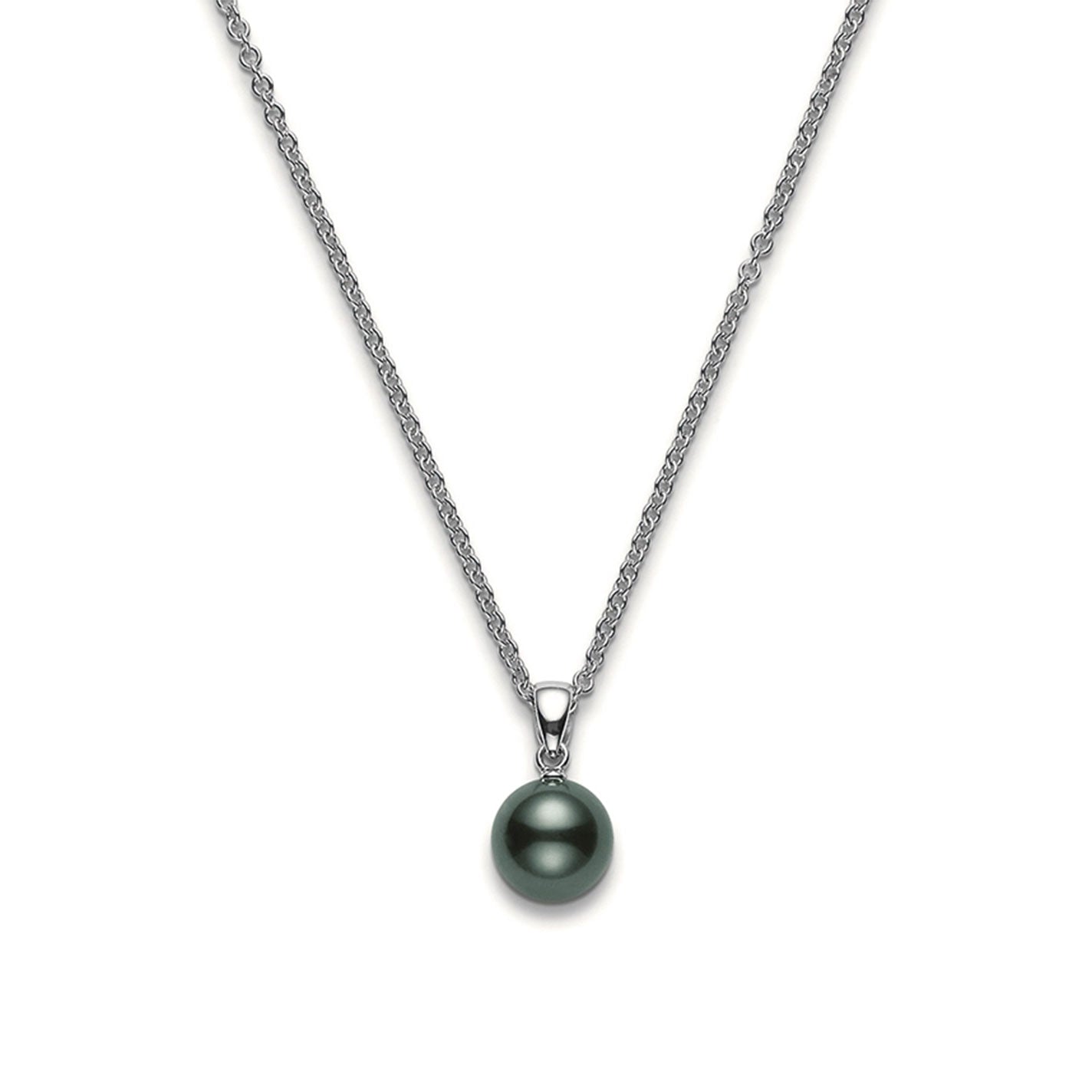 The Mikimoto 18K White Gold Black South Sea Pearl Necklace Pendant elegantly showcases a black South Sea cultured pearl, gracefully suspended from a thin and delicate 18-karat white gold chain against a white background.
