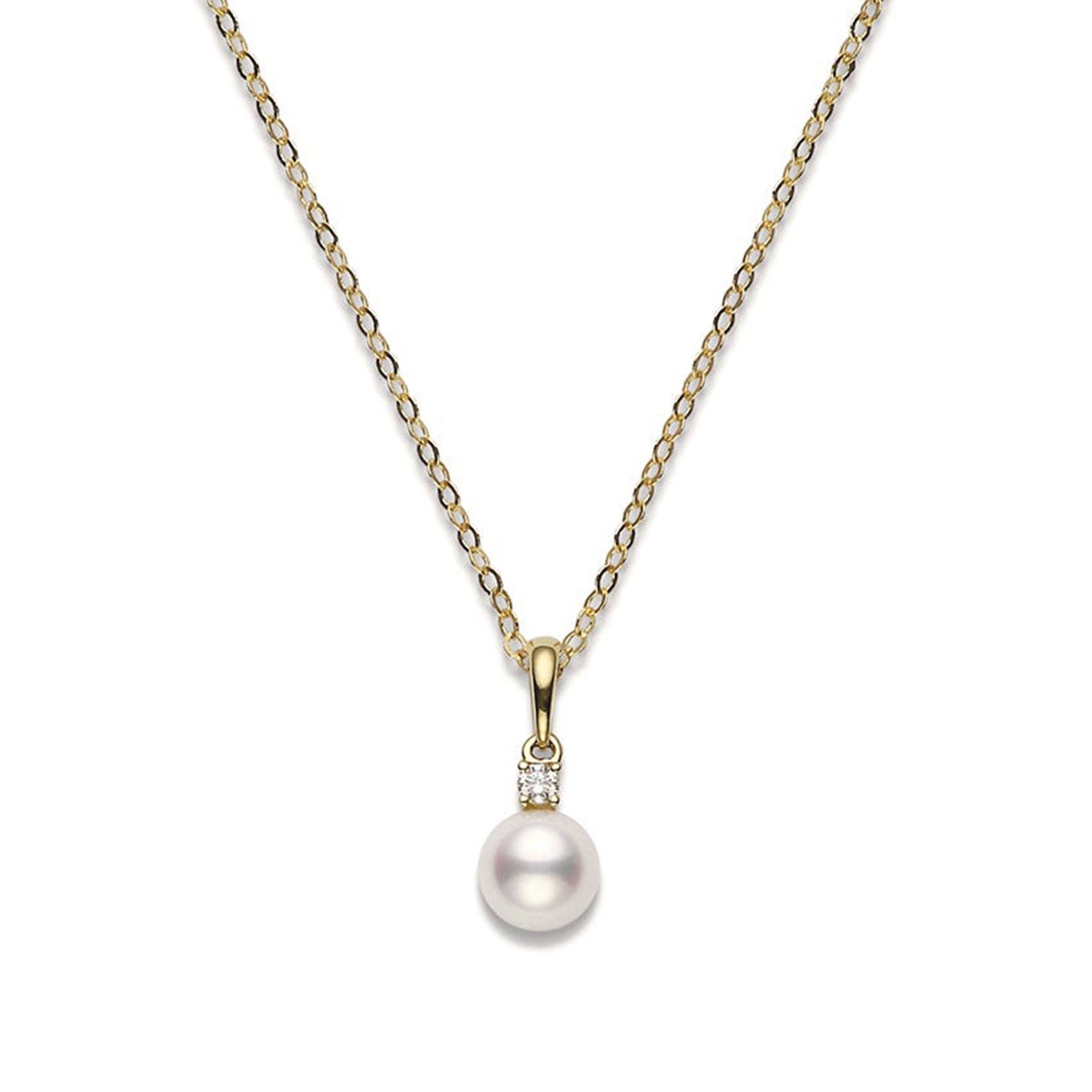 The Mikimoto 18K Yellow Gold Diamond with Akoya Cultured Pearl Necklace Pendant showcases a refined design, featuring a lustrous Akoya cultured pearl adorned with a small diamond accent, all set in exquisite 18K yellow gold, highlighting simplicity and elegance.