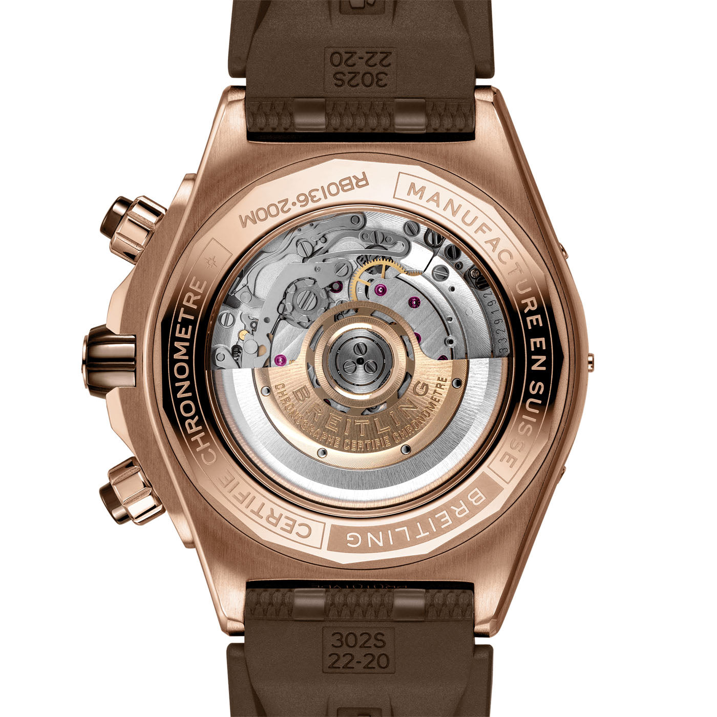 Close-up image of the BREITLING Super Chronomat B01 44's back, highlighting its intricate mechanical movement with visible gears and components. The gold-toned case features engravings such as "Breitling," "Chronometre," and "Breitling Manufacture Calibre 01," complemented by a distinctive Rouleaux strap.