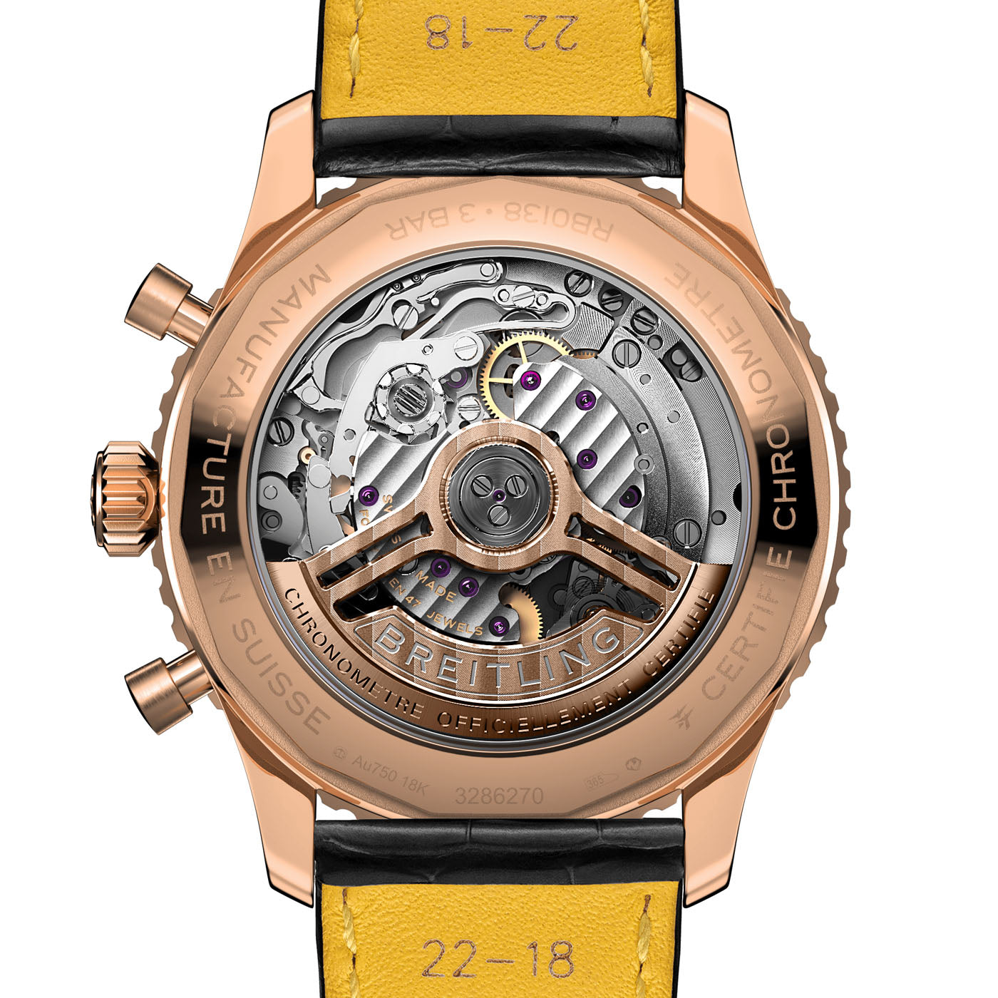 Close-up view of the BREITLING Navitimer B01 Chronograph 43's luxury exposed mechanical movement, showcasing visible gears and cogs encased in gold. The band is yellow with black edges. This Breitling watch features intricate detailing that highlights precision engineering, embodying the essence of a classic pilot's watch.