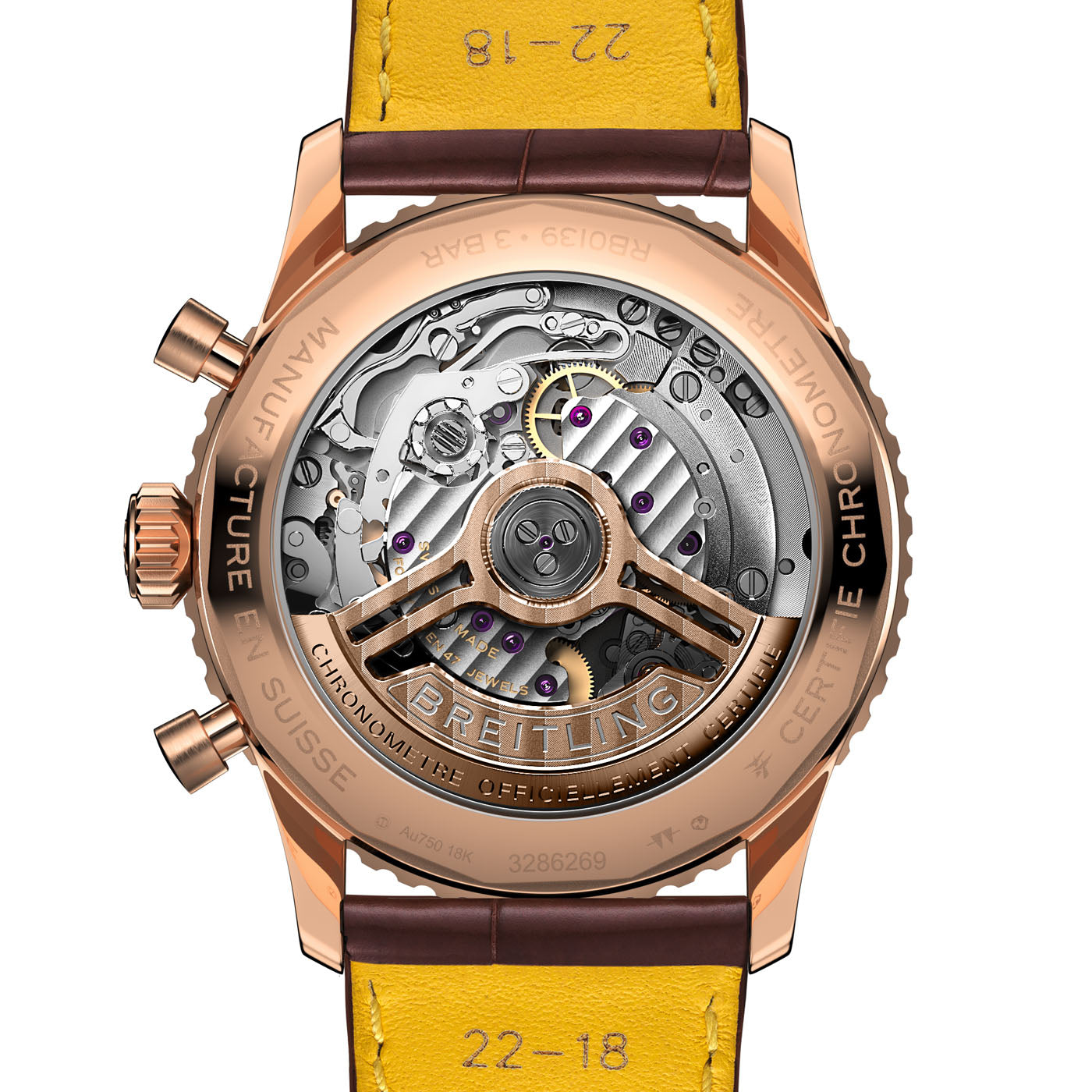 Close-up of the BREITLING Navitimer B01 Chronograph 41's transparent case back, showcasing its intricate mechanical movements and gears. This high-end timepiece features a gold-toned exterior and a yellow strap. The "Breitling" branding and other engravings are visible on the mechanism.