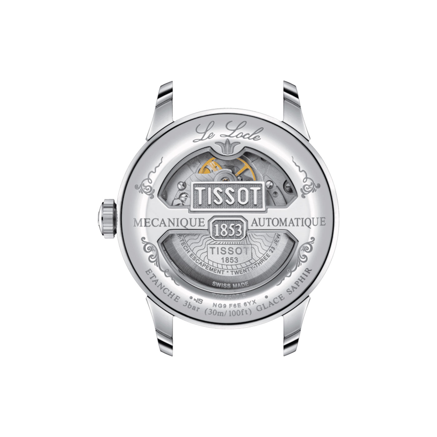 Close-up of a Tissot Le Locle Powermatic 80 Automatic 39.3mm Watch face featuring "Le Locle" and "1853" on its metallic dial. It includes an automatic movement, decorative engravings, visible inner mechanics, and a transparent case back. The watch features a stainless steel case with sapphire crystal glass from Tissot.