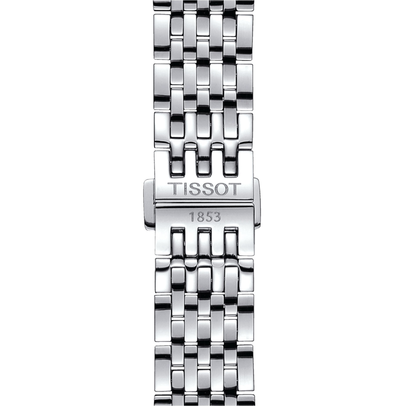 Close-up of a silver metal watch strap featuring a clasp engraved with "Tissot" and the year "1853." The polished, interlocking link design pairs seamlessly with the Tissot Le Locle Powermatic 80 Automatic 39.3mm Watch's stainless steel case, providing a timeless elegance.