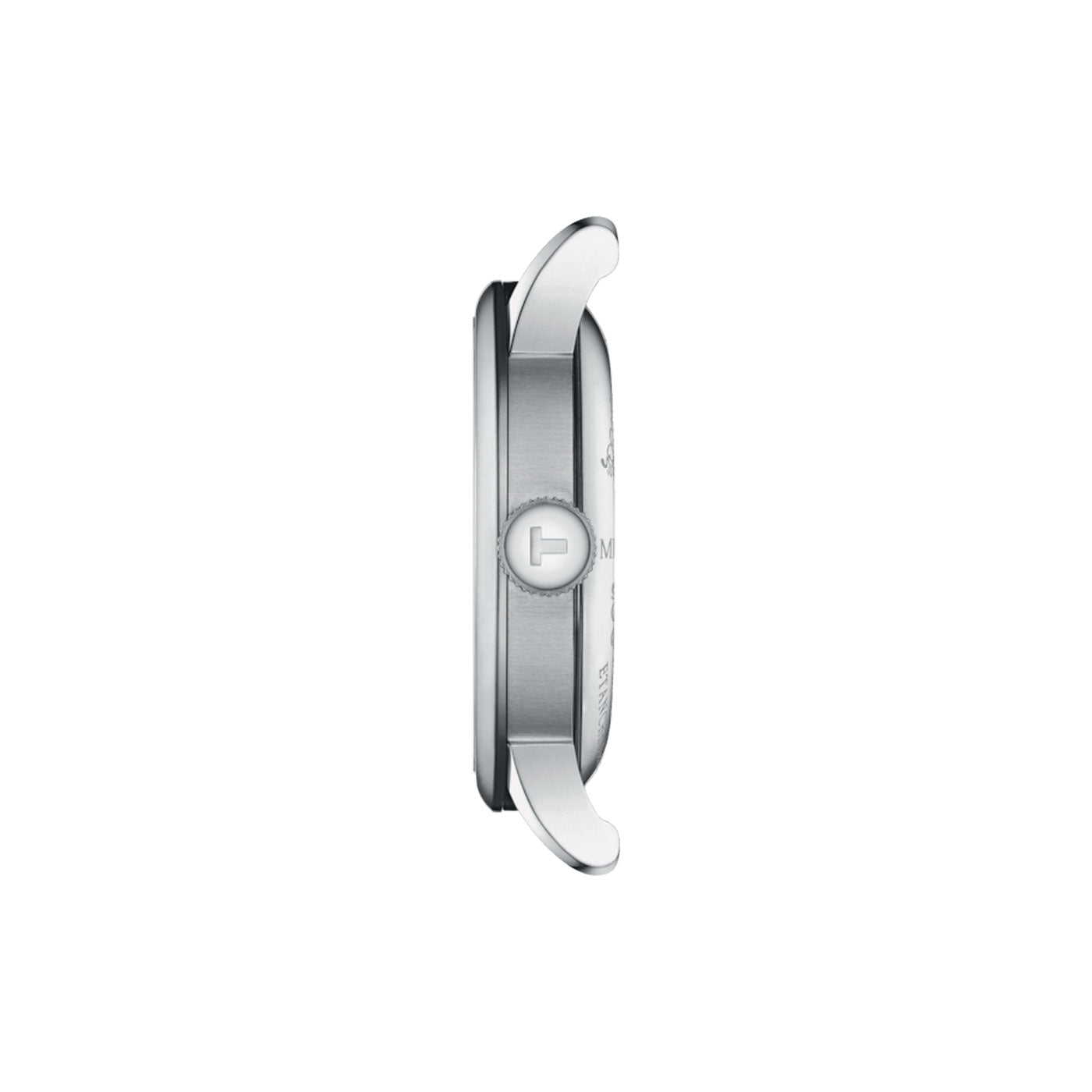 Side view of the Tissot Le Locle Powermatic 80 Automatic 39.3mm Watch, featuring a sleek silver case with a scratch-resistant sapphire crystal that perfectly accentuates its round shape and contemporary design. The stainless steel crown is prominently positioned at the center, emphasizing the watch's minimalist and elegant profile.