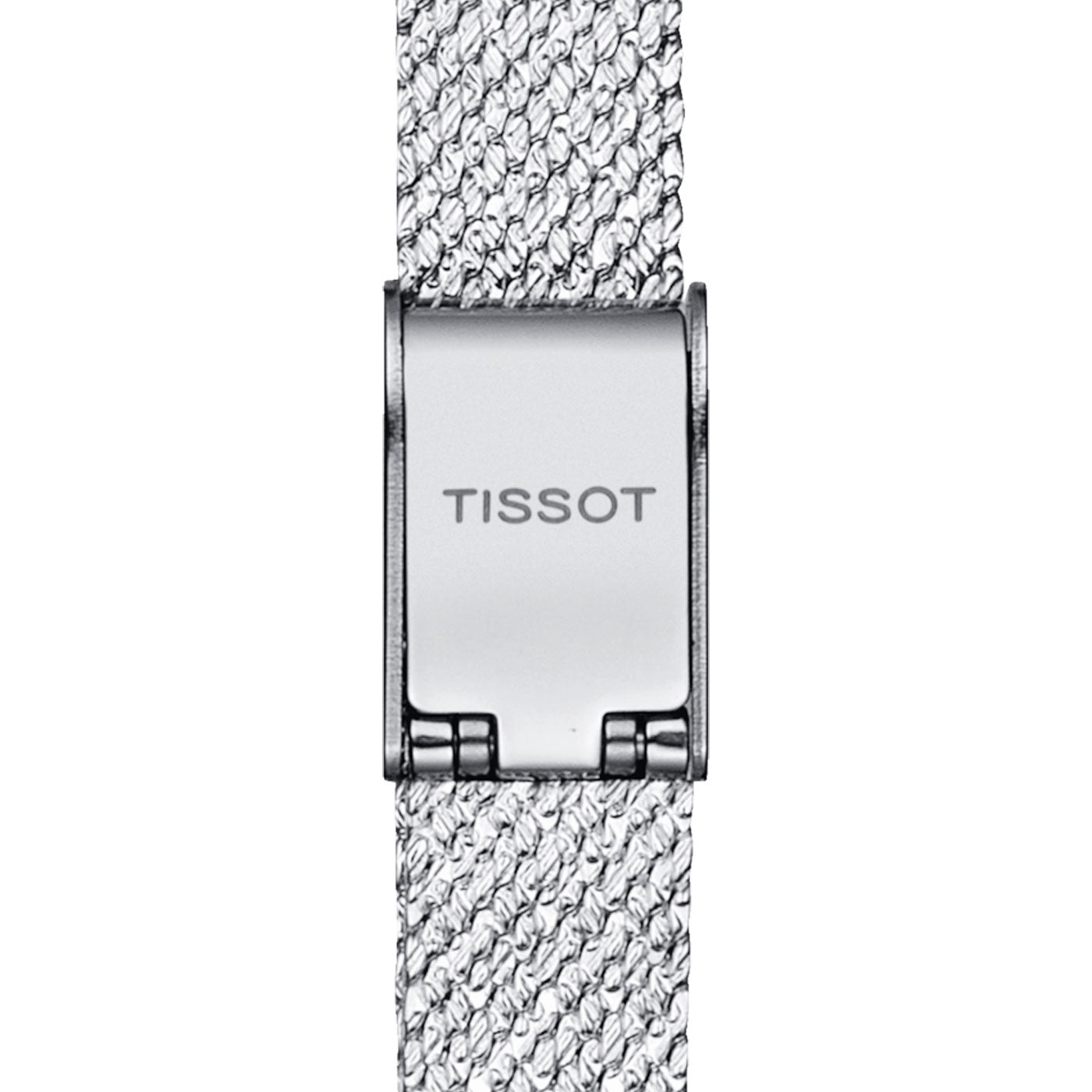 Featuring a close-up of the Tissot Lovely Square Quartz 20mm Watch, this piece highlights a silver clasp with a textured metal band. The clasp is engraved with "TISSOT," showcasing a simple yet elegant design, further enhanced by precise Swiss Quartz movement.