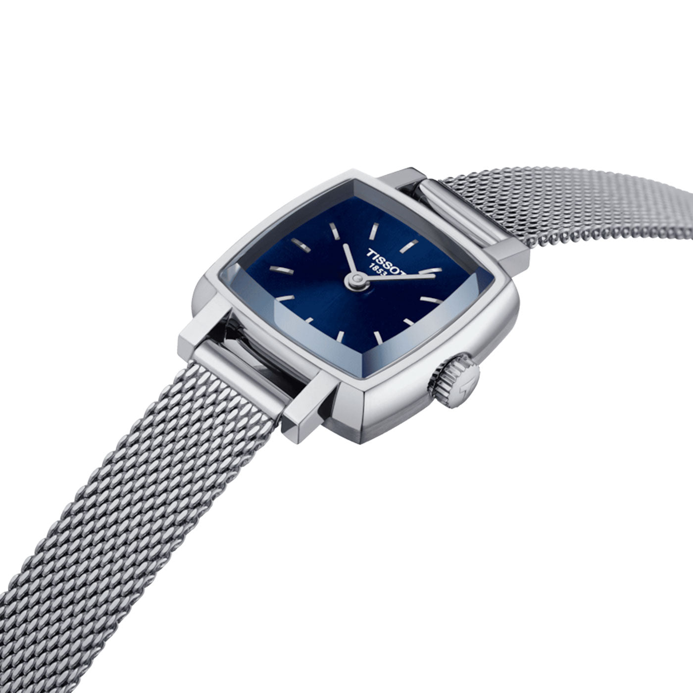 The Tissot Lovely Square Quartz 20mm Watch by Tissot is a stylish timepiece featuring a stainless steel design with a square blue face and minimalist aesthetics. It boasts a sleek mesh strap and simple hour markers, enhanced by scratch-resistant sapphire for a contemporary look.