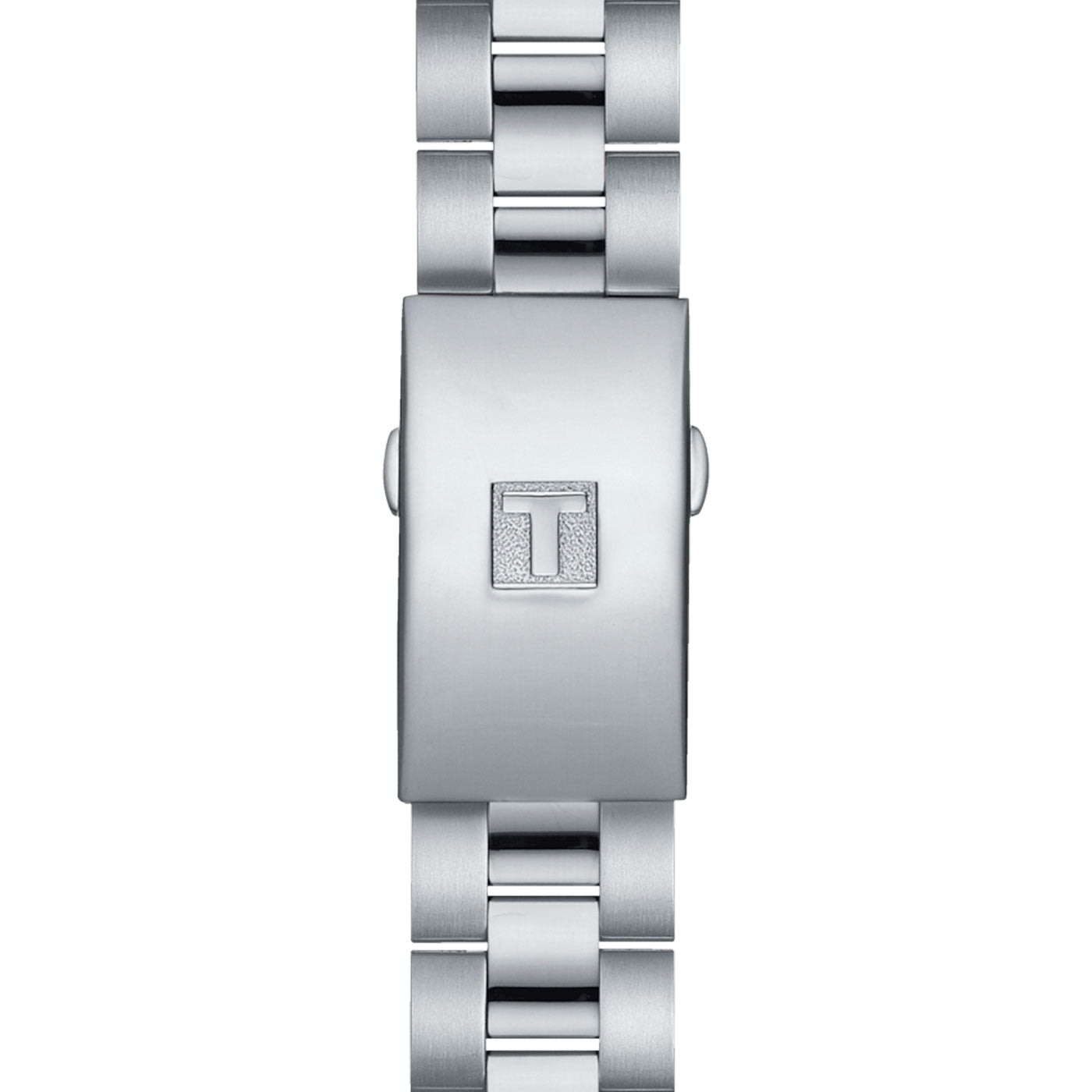 The Tissot PR100 Sport Chic Chronograph Quartz 38mm Watch features a close-up of its rectangular silver clasp with a textured surface and a raised "T" in the center. The polished metal links reflect light brilliantly, and this elegant piece is enhanced by Swiss Quartz movement, ensuring both precision and style.