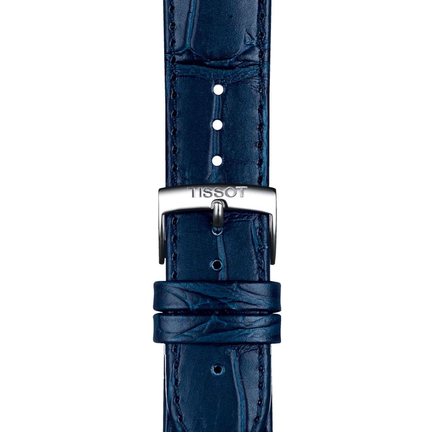An up-close view of the Tissot Carson Premium Gent Moonphase Quartz 40mm watch’s blue leather strap, which features a silver buckle with the "Tissot" brand name engraved on it. The 316L stainless steel buckle enhances the crocodile skin pattern and multiple adjustment holes, reflecting the precision of Swiss Quartz movement.