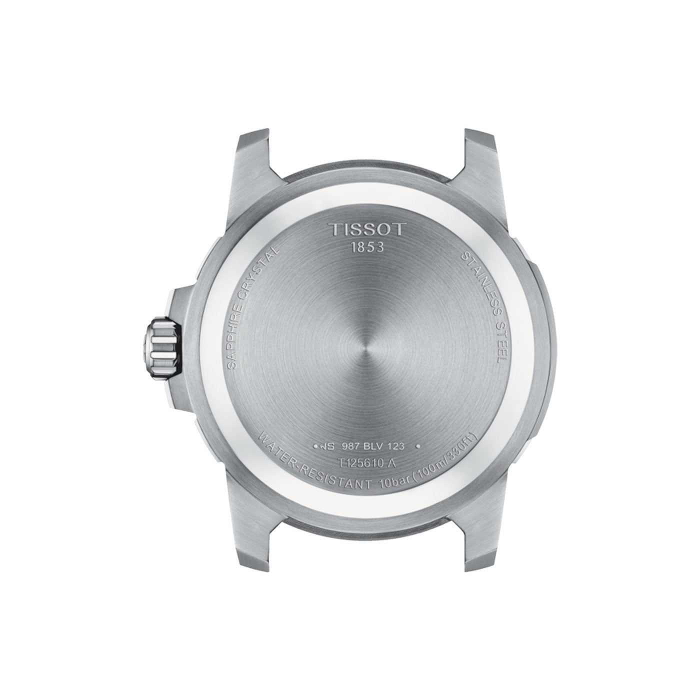 The image displays the rear of a Tissot Supersport Gent Quartz 44mm Watch case, featuring a brushed stainless steel finish. It is engraved with details such as "Tissot 1853," along with specifications about its scratch-resistant sapphire crystal and water resistance.