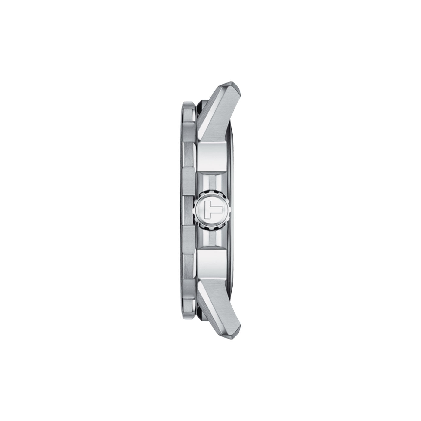 Side view of the Tissot Supersport Gent Quartz 44mm Watch case, skillfully crafted from sleek 316L Stainless Steel. Its slim profile and precisely detailed design are on display, while a distinct logo adorns the crown. Set against a plain white background, the watch's minimalist aesthetic is highlighted by its scratch-resistant sapphire feature.