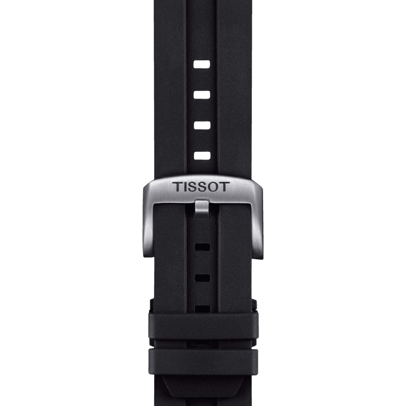 A close-up view of a Tissot Supersport Gent Quartz 44mm watch showcases its black strap featuring a silver buckle engraved with the Tissot brand name. Accompanied by Swiss Quartz Movement, the strap includes multiple adjustment holes for precise sizing.
