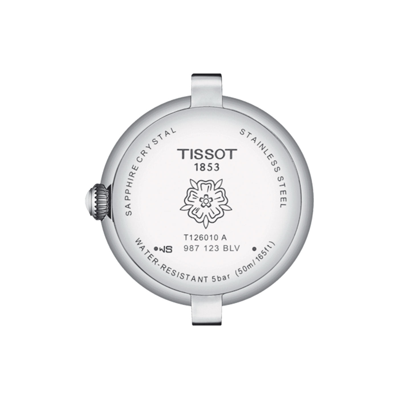 The image displays the back of a Tissot Bellissima Small Lady Quartz 26mm watch case. It includes engravings with "Tissot 1853," a delicate flower design, and specifications such as "Sapphire Crystal," "Swiss Quartz Movement," and "Water-Resistant 5 bar (50m/165ft)" on its robust stainless steel case. Model number: T126010A.