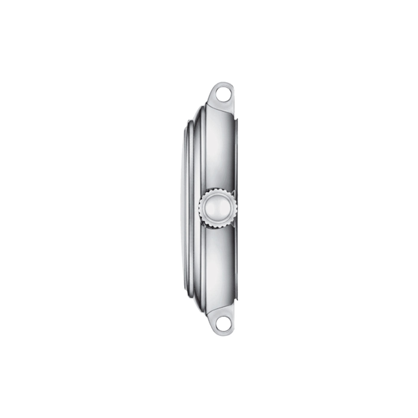 A side view of the Tissot Bellissima Small Lady Quartz 26mm Watch showcases a sleek, silver case crafted from stainless steel, featuring a prominent crown in the center and two lugs on either end. The casing appears smooth and slightly domed, embodying a minimalist and modern design typical of Tissot craftsmanship.