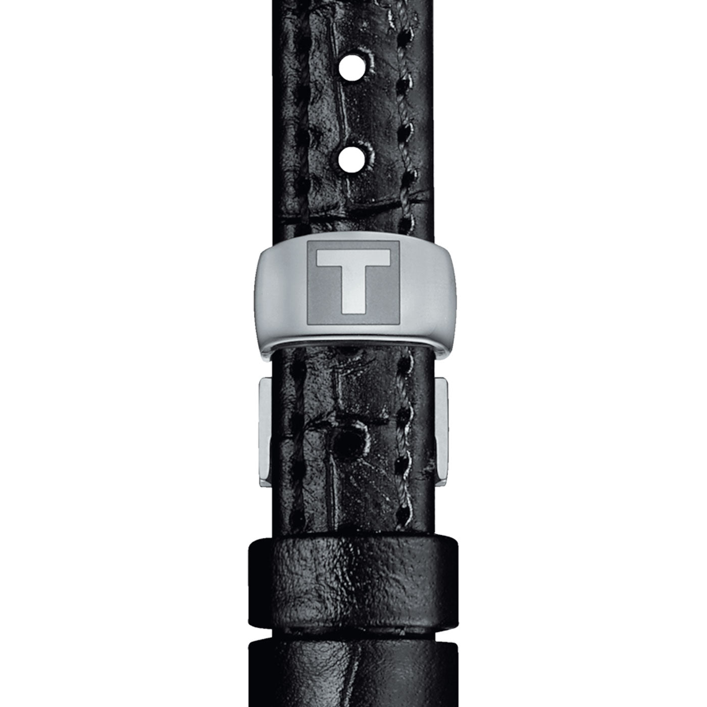 Close-up of a black leather strap with black stitching on the Tissot Bellissima Small Lady Quartz 26mm Watch, featuring a silver clasp adorned with a prominent "T" logo. This stainless steel timepiece embodies elegance with its Swiss Quartz Movement.