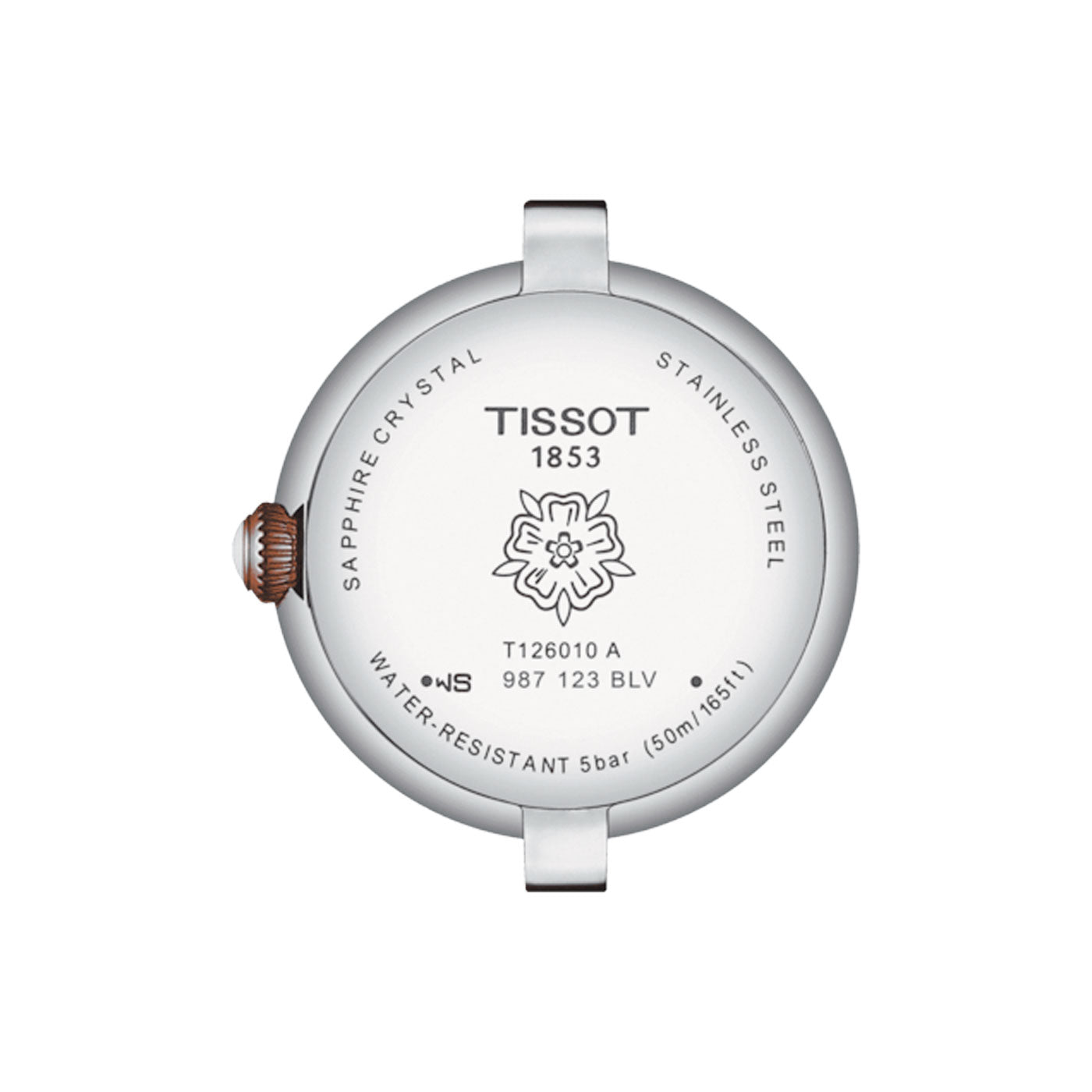 The back view of the Tissot Bellissima Small Lady Quartz 26mm Watch case displays details such as "Tissot 1853," "Swiss Quartz movement," and "Water-Resistant 5 bar (50m/165ft)." This circular case is crafted with a scratch-resistant sapphire crystal and robust 316L stainless steel, featuring a brown crown on the left side.