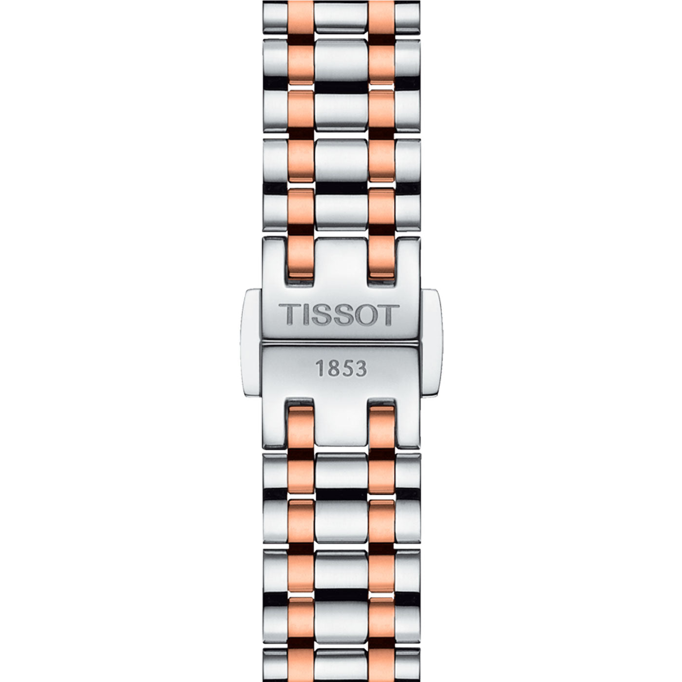 A detailed view of the Tissot Bellissima Small Lady Quartz 26mm Watch bracelet highlights its two-tone design, featuring alternating silver and rose gold links. Crafted from 316L stainless steel, this timepiece showcases Swiss Quartz movement and a scratch-resistant sapphire crystal, offering timeless elegance.