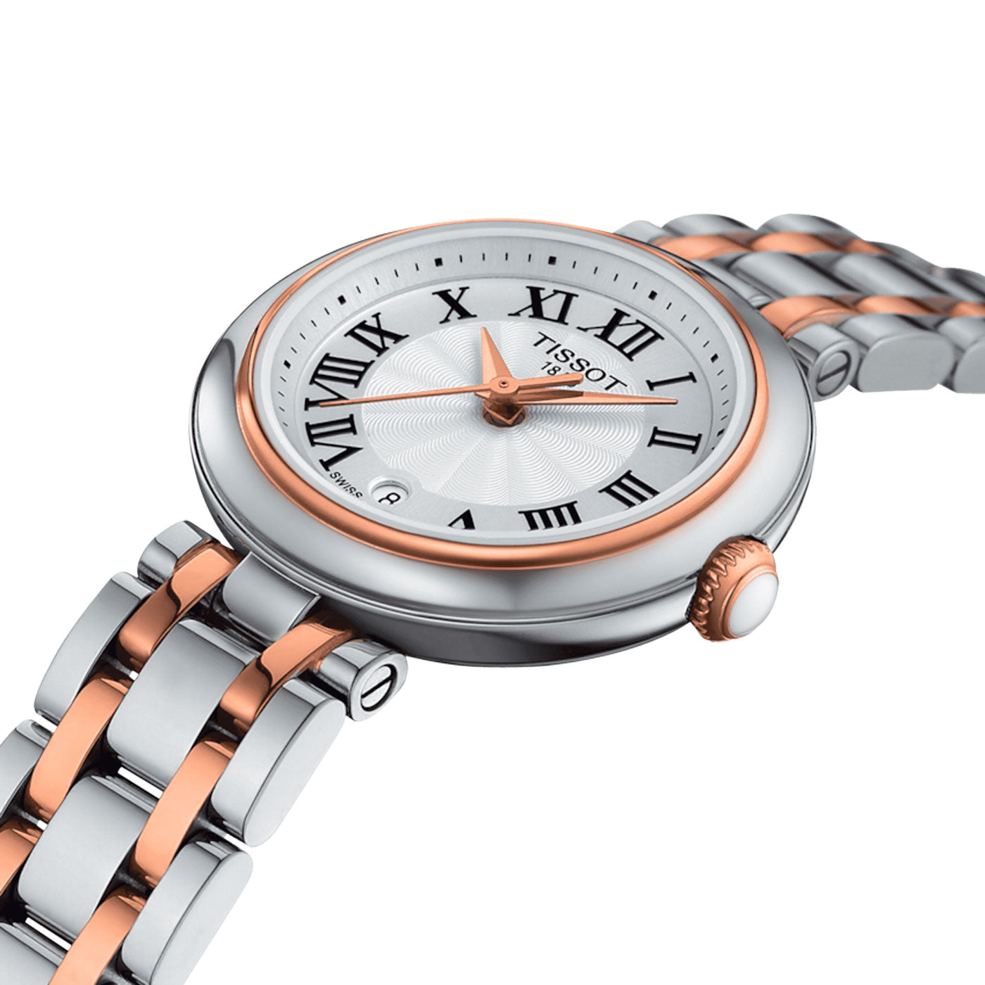 The Tissot Bellissima Small Lady Quartz 26mm Watch is a luxurious timepiece featuring a silver and rose gold metal band. Its round face displays Roman numerals on a white background with an intricate center design, adorned with the "Tissot" brand name on the dial. This watch is powered by Swiss Quartz movement and crafted from 316L stainless steel, complemented by a scratch-resistant sapphire crystal.